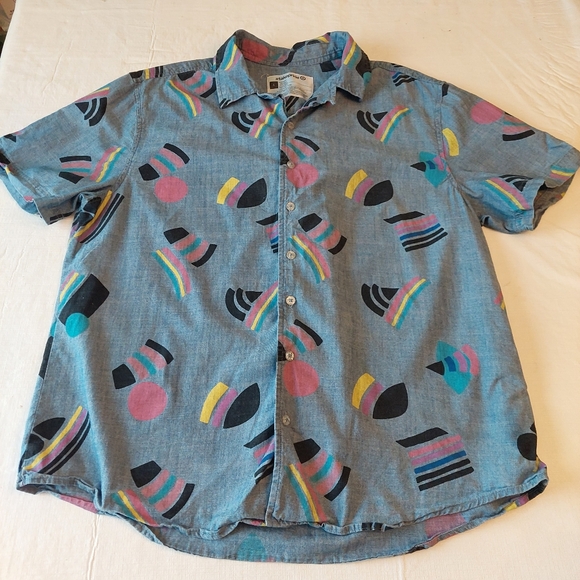 #takepride Geometric Gay Pride Flag Blue Button Up Short Sleeve Shirt Size L - Picture 3 of 10